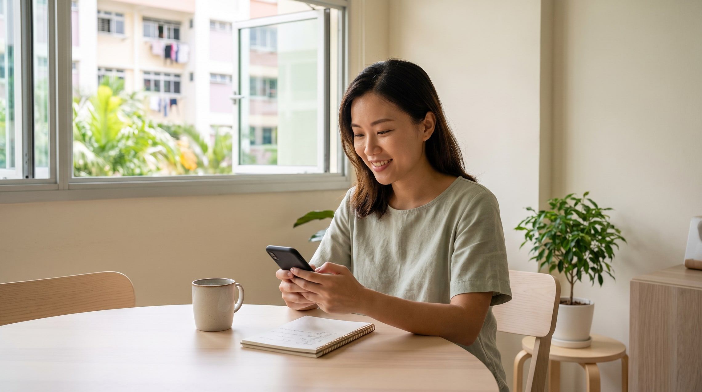 A woman smiles while messaging on her phone at home, with HDB blocks and greenery outside the window