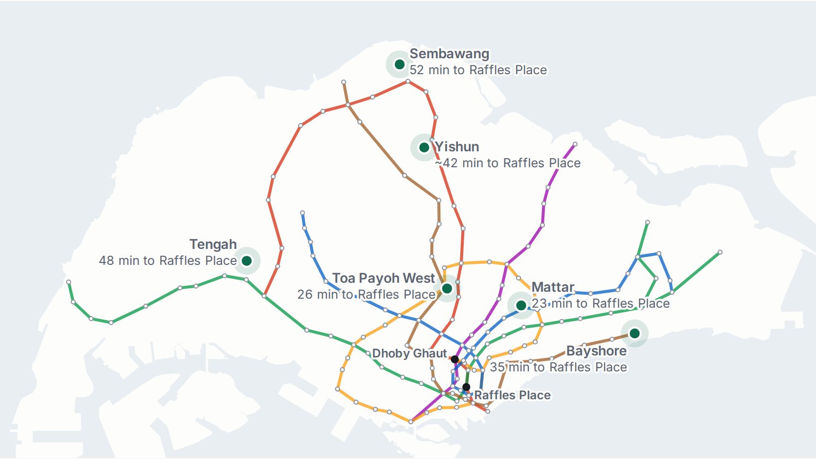 Map of Singapore's MRT lines with the seven November 2026 BTO sites and how long the morning trip to Raffles Place takes from each
